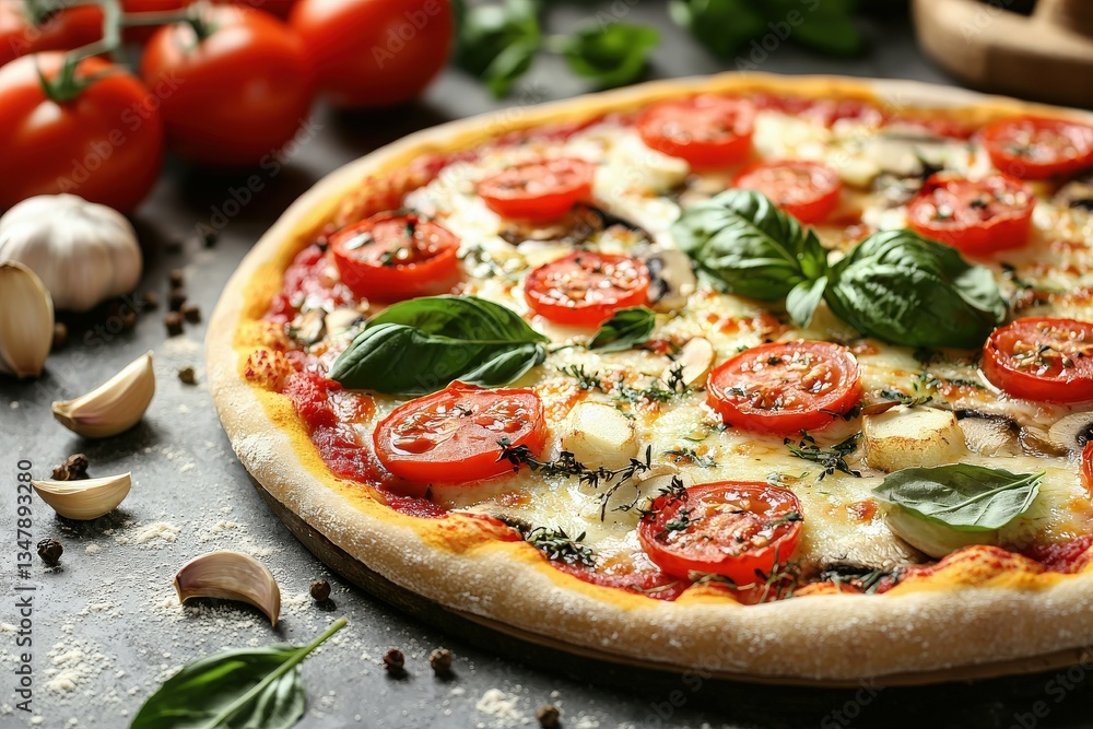 Freshly baked pizza is topped with vibrant tomato slices, creamy mozzarella, and aromatic basil leaves. The dish is artfully arranged with garlic and tomatoes nearby, showcasing colorful ingredients.