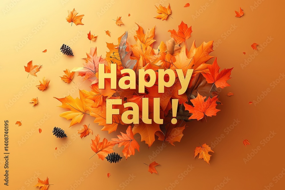 Golden and orange leaves gather in a vibrant display, complemented by pinecones. The cheerful text Happy Fall adds a festive touch, evoking the spirit of autumn festivities.