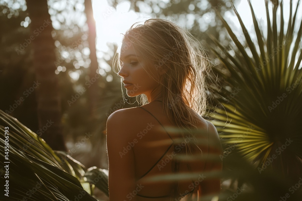 Golden light filters through palm leaves as a woman stands gracefully, her hair illuminated by the warm glow of a sunset. The tranquil environment enhances her serene presence.