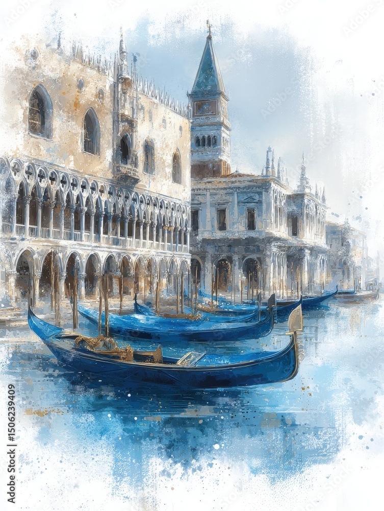 Gondolas float serenely in a calm canal surrounded by ornate historical buildings in Venice.