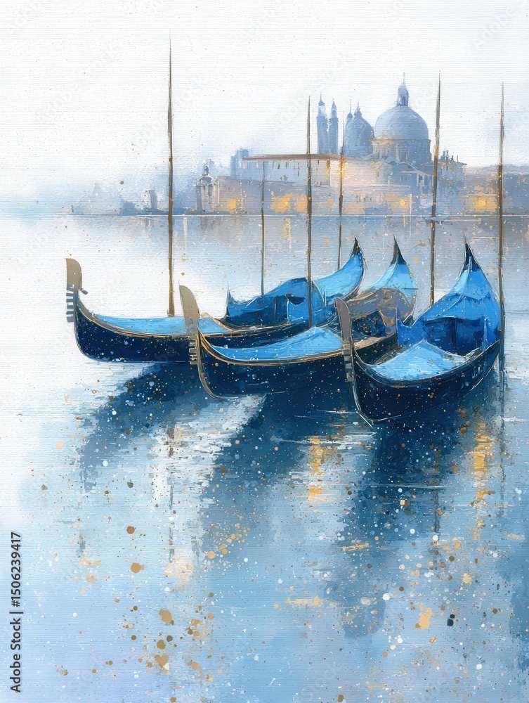 Gondolas in varying shades of blue float serenely on the still waters of Venice in the early morning light. A soft, hazy skyline of historic buildings looms in the background.