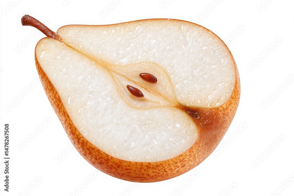 Half a pear is displayed, revealing its juicy texture and two seeds nestled in the center. The skin glistens, indicating freshness and ripeness, inviting a closer look.