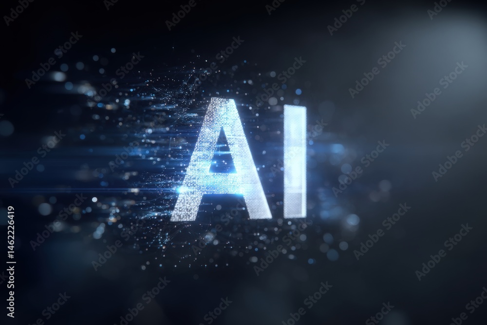 Illuminated letters A and I appear among sparkling particles, creating a dynamic representation of artificial intelligence.