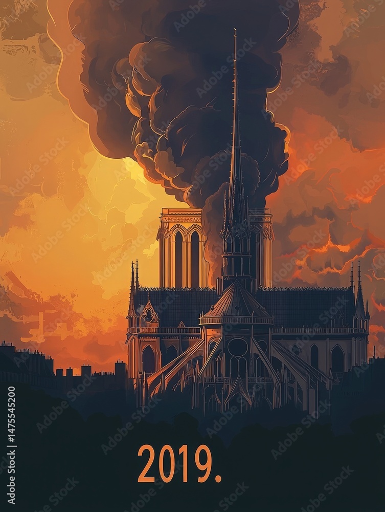 In 2019, a fire erupted at Notre Dame Cathedral, causing significant damage. The iconic spire is silhouetted against a dramatic orange sky filled with smoke and clouds.