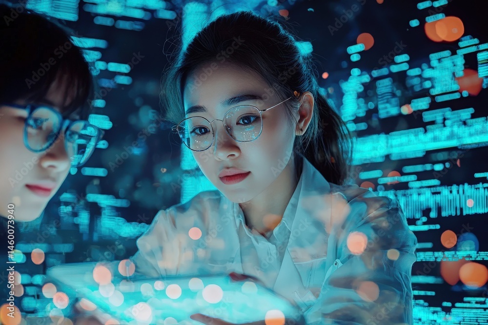 In a dimly lit tech environment, two women focus on a tablet displaying vibrant data visualizations. The background glows with digital elements, creating a high-tech atmosphere.