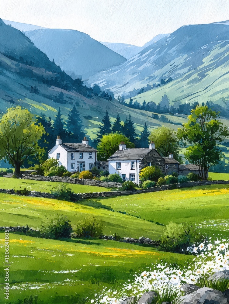 In a serene valley, two traditional houses sit amid vibrant green fields dotted with wildflowers. Majestic mountains rise in the background under a clear blue sky, creating a peaceful rural scene.