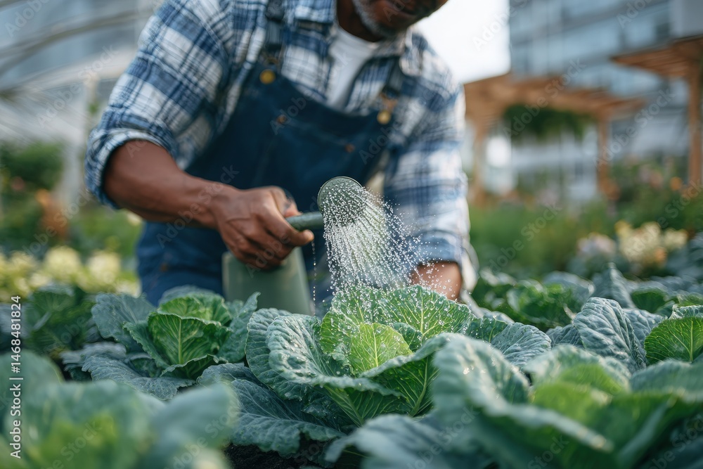 In an urban farm, a gardener in blue overalls waters vibrant cabbage plants. The sunlight illuminates the lush foliage, showcasing the care and effort in urban agriculture.