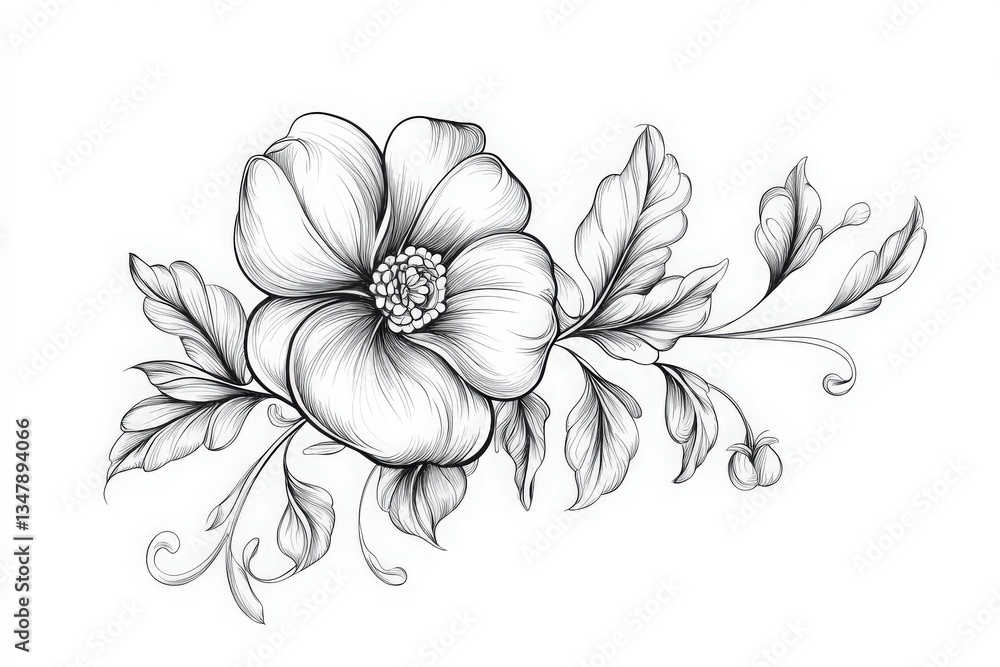 Intricate black and white illustration showcases a prominent floral design with a large flower and elegant leaves. Ideal for nature-inspired artwork, prints, and decor.