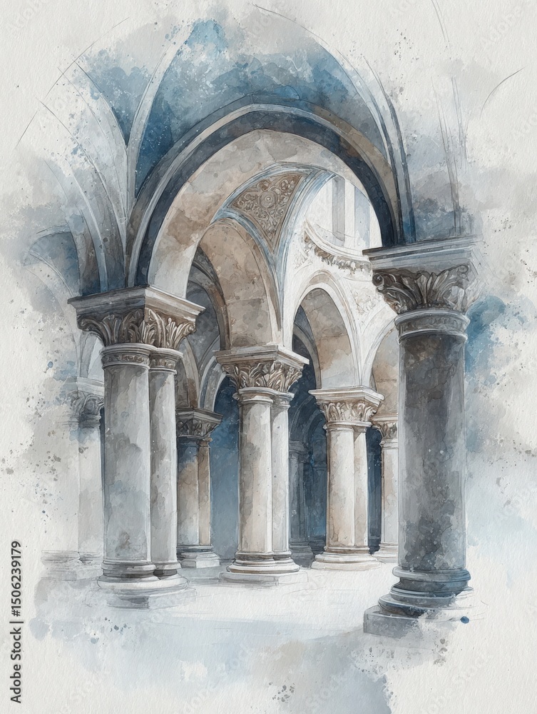 Intricate columns and arches stand tall in a historic architectural space. The elegant design features soft colors and artistic watercolor effects that create a serene atmosphere.