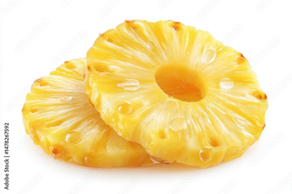 Juicy and vibrant pineapple slices glisten with moisture, showcasing their fresh yellow color. Ideal for adding a tropical flavor to desserts or enjoying as a nutritious snack.