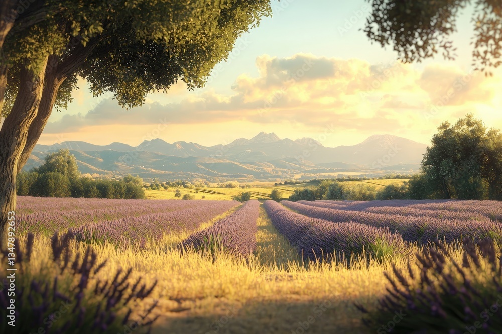 Lavender blooms fill the fields, creating vibrant rows that lead to distant mountains. The sun sets, casting warm light across the landscape, enhancing the beauty of nature.