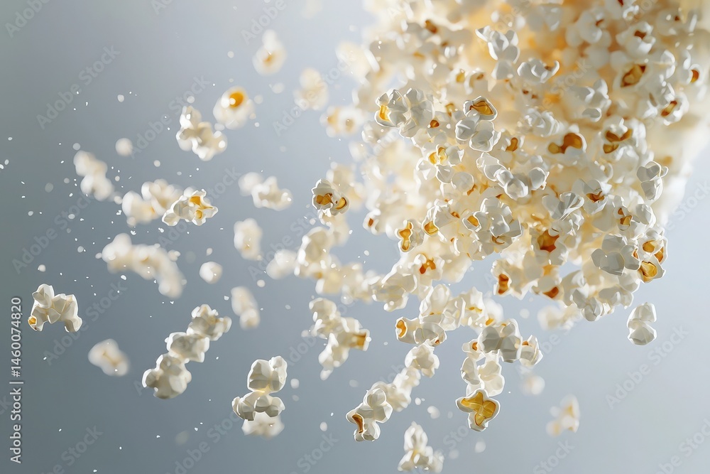 Light, fluffy popcorn cascades through the air, creating a dynamic visual display against a soft, neutral background. The scene evokes a sense of joy and indulgence.