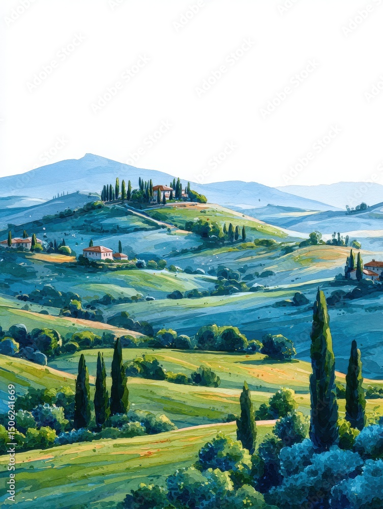 Lush green hills feature rows of cypress trees and charming houses, surrounded by a serene landscape. The bright sky enhances the picturesque beauty of this tranquil countryside scene.