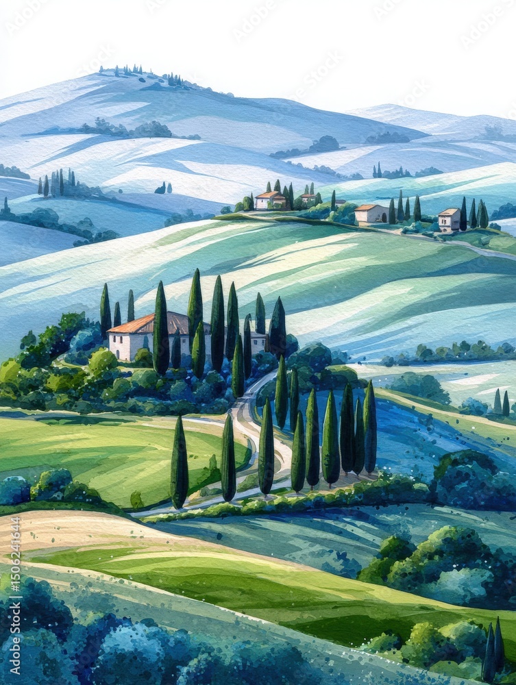 Lush green hills stretch across the horizon, dotted with quaint houses. Tall cypress trees line a winding path, creating a tranquil and picturesque rural setting on a sunny day.