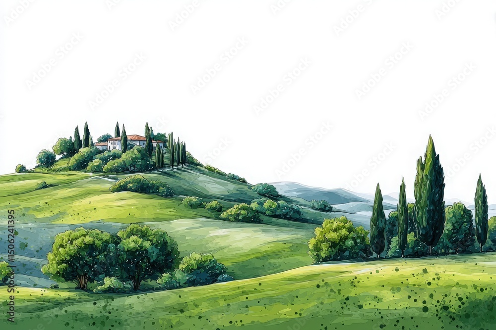 Lush green hills stretch across the landscape, adorned with clustered trees and a charming estate atop a gentle rise. The clear sky enhances the serene beauty of this idyllic scene.