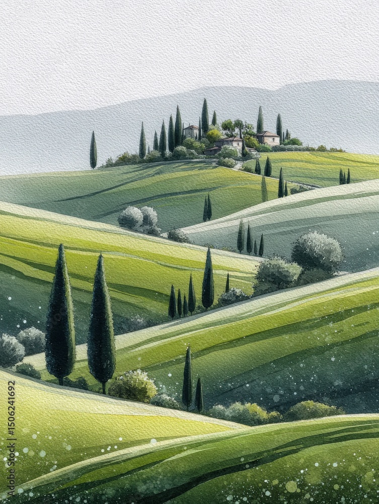 Lush green hills stretch across the landscape, dotted with cypress trees. A small village sits atop a hill, surrounded by vibrant greenery under a soft, overcast sky.
