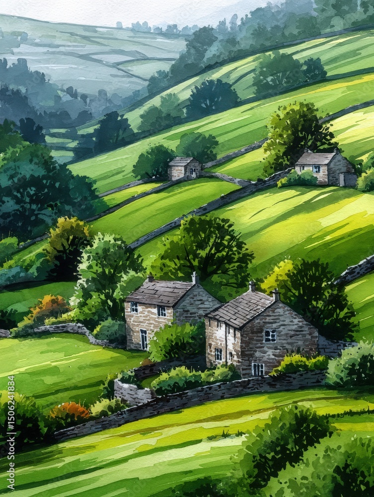 Lush green hills stretch across the landscape, dotted with quaint stone houses and vibrant trees. The peaceful countryside exudes a sense of tranquility and natural beauty.