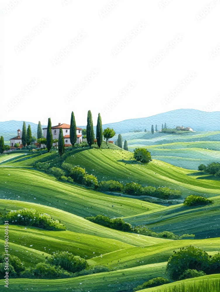 Lush green hills stretch endlessly, dotted with cypress trees and a charming villa. The serene scene captures the tranquility of nature under a clear sky, reflecting rural beauty.