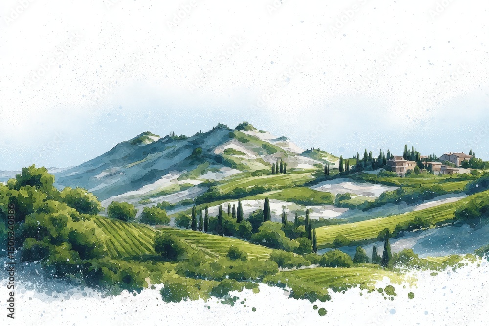 Lush green vineyards and rolling hills stretch across the landscape, adorned with cypress trees and distant houses. The bright sky enhances the tranquil charm of this picturesque countryside.