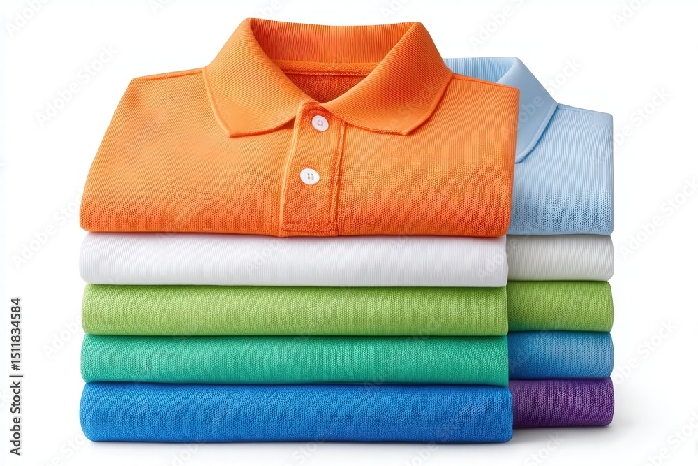 Nine polo shirts in various colors are neatly stacked, showcasing shades of orange, white, green, blue, and purple. This arrangement highlights the versatility and freshness of casual attire.