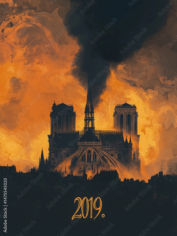 Notre-Dame Cathedral stands silhouetted against a fiery sky as smoke billows from its roof. The scene captures the devastation of the iconic landmark during a significant event in 2019.