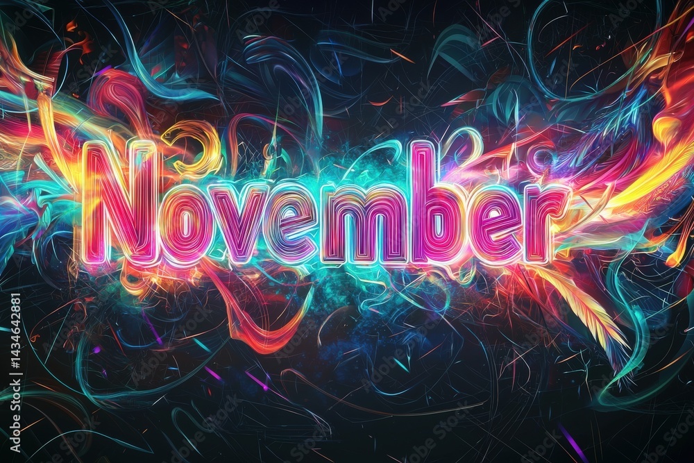November is artistically represented with bold letters surrounded by colorful swirls and glowing effects. The design creates a lively and dynamic atmosphere, capturing the essence of the month.