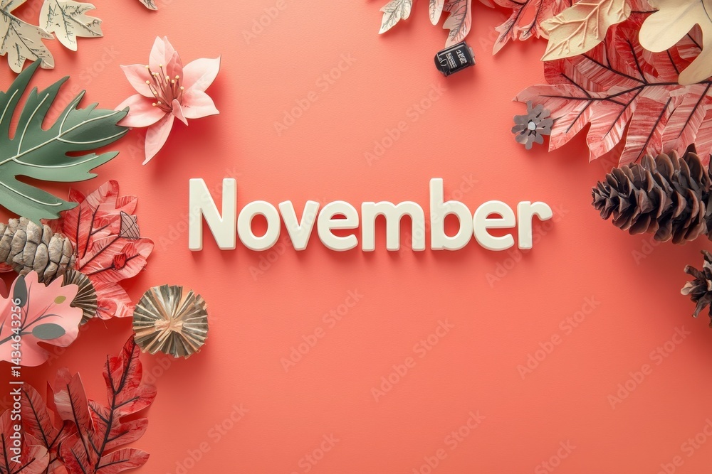 November is represented with playful lettering surrounded by assorted paper leaves and flowers on a coral backdrop. The arrangement adds a festive touch, celebrating the autumn seasons beauty.