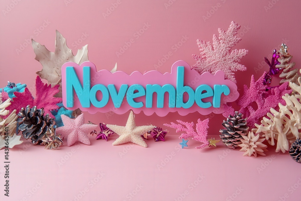 November is showcased with a vibrant sign surrounded by seasonal decorations like pinecones, seashells, and artificial leaves on a soft pink surface, creating an inviting atmosphere.