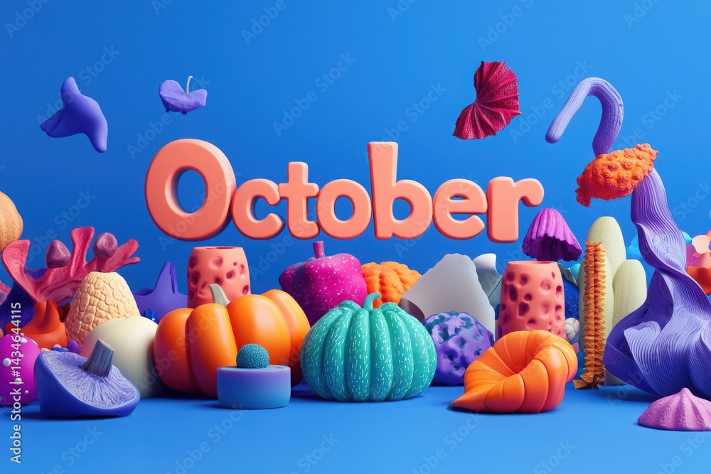 October brings a festive atmosphere with colorful decorations scattered across a bright blue surface. Playful shapes like pumpkins, mushrooms, and other autumn-themed items create a cheerful display.