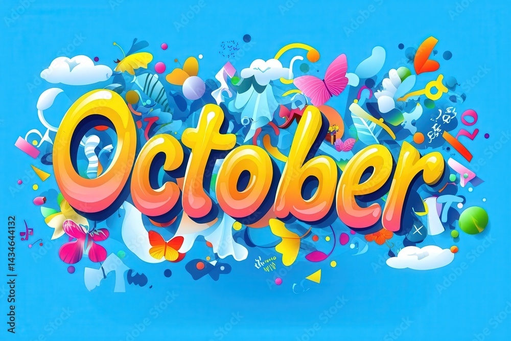 October is showcased with bold, playful lettering surrounded by whimsical illustrations including butterflies, clouds, and colorful shapes. The lively design captures the spirit of the month.