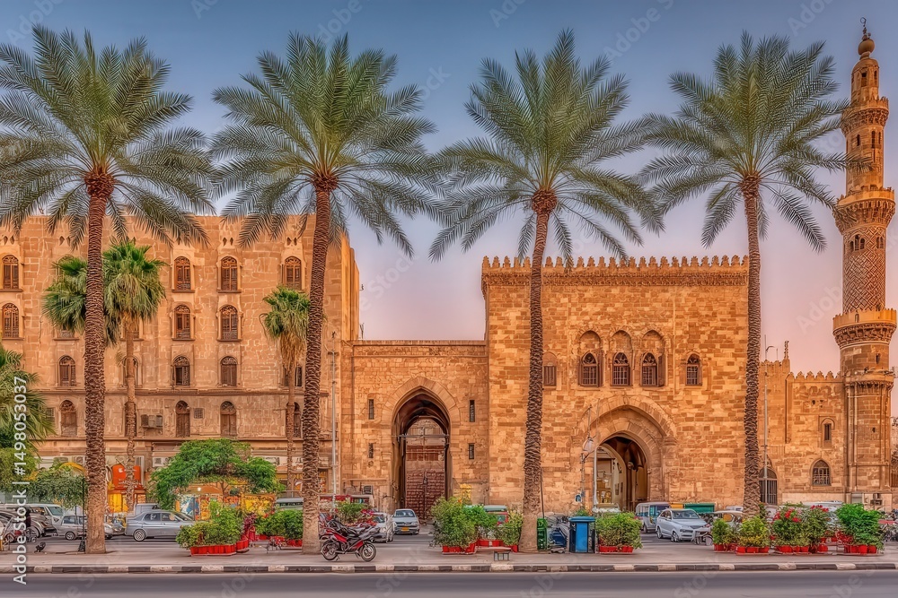 Palm trees line the street in Cairo, showcasing beautiful historic buildings at dusk. The architecture features intricate designs, highlighting the rich culture and history of the area.