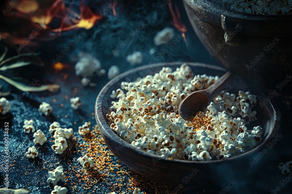 Puffed popcorn fills a dark wooden bowl, sprinkled with spices. Surrounding it are scattered kernels and smoke, creating a cozy, inviting atmosphere perfect for movie nights.