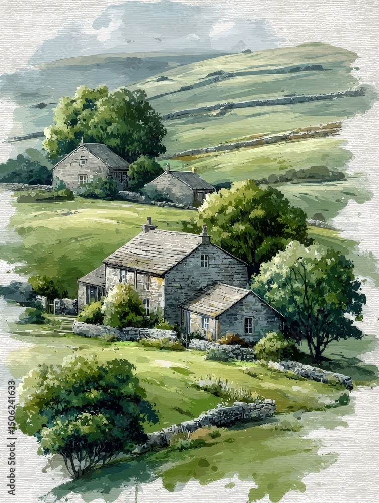 Quaint stone cottages are surrounded by lush green fields and trees, creating a serene landscape. The hills rise gently in the background, while clouds cast soft shadows on the ground.