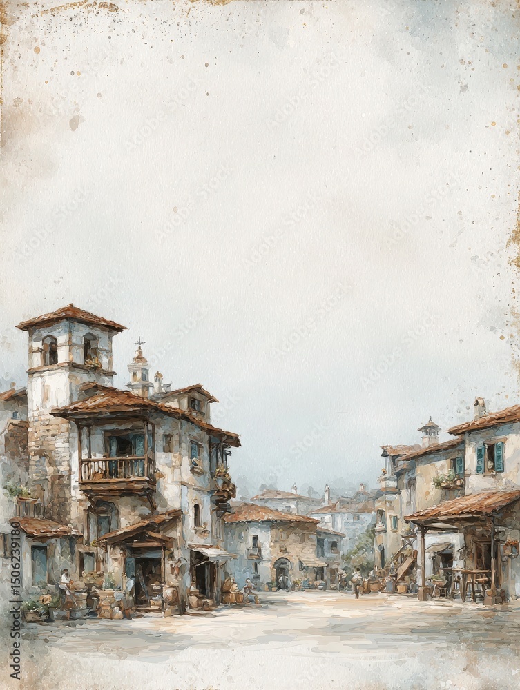 Quaint village square features rustic buildings with terracotta roofs and stone facades, surrounded by a peaceful ambiance. The soft hues create a calming scene, inviting visitors to explore.