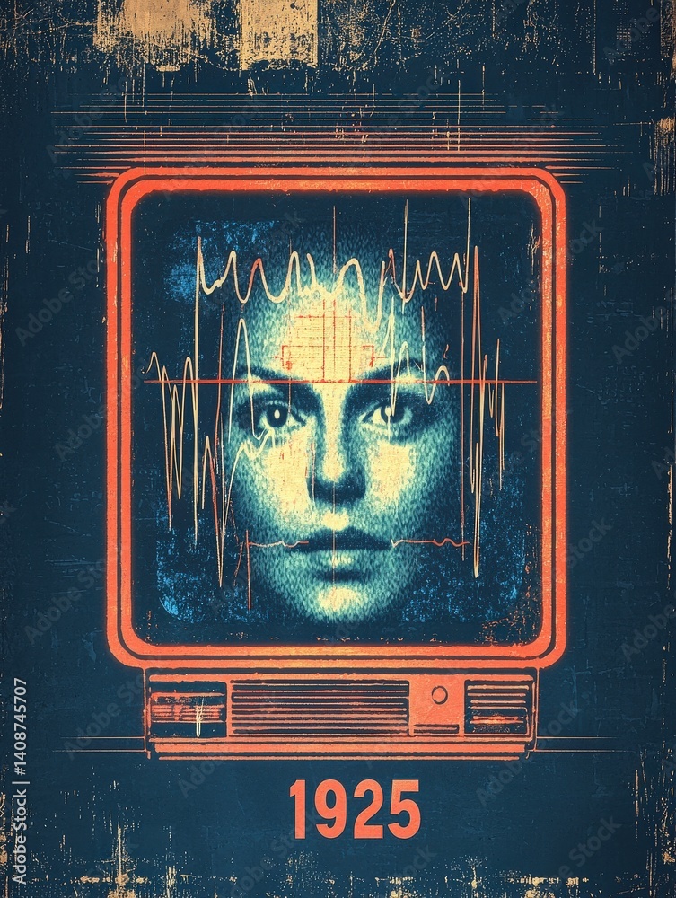 Retro illustration displays a vintage television screen showcasing a face along with an audio waveform graphic, set against a textured blue and orange background, evoking 1925 aesthetics.