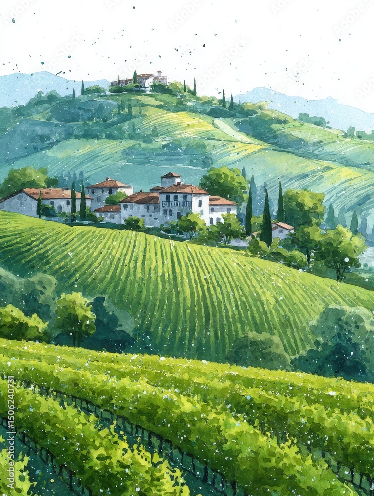 Rolling green hills are adorned with a picturesque vineyard and a charming villa perched atop. Lush grapevines extend across the landscape, showcasing the tranquility of the countryside.