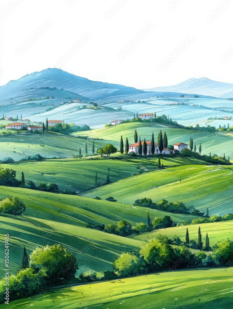 Rolling green hills stretch across the landscape, dotted with charming farmhouses and cypress trees under a clear blue sky. This idyllic view captures the tranquility of rural Italy.