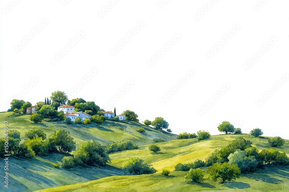Rolling hills covered in vibrant green grass host a small village in the distance. The warm sunlight illuminates the landscape, creating a peaceful atmosphere with scattered trees.