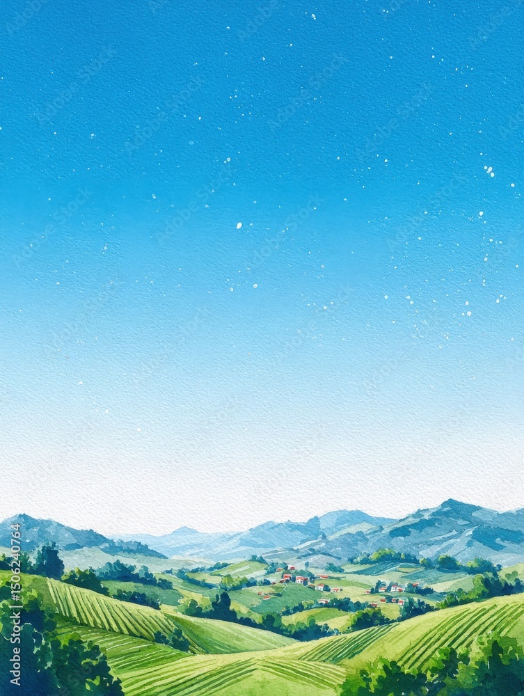 Rolling hills stretch across the landscape, adorned with vibrant green fields. Small villages are nestled among the hills, framed by majestic mountains under a bright blue sky.