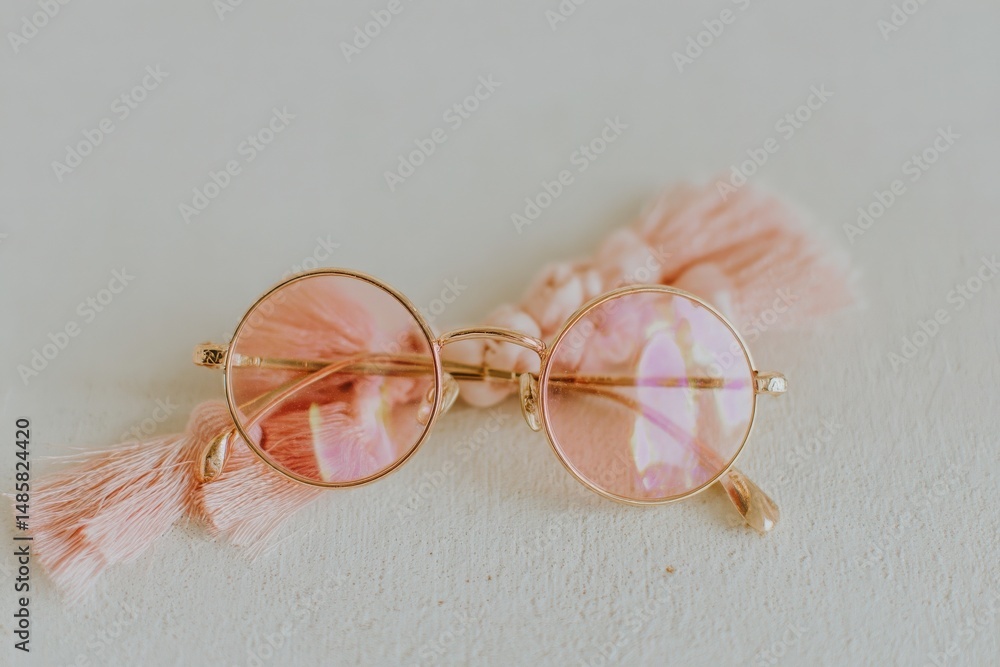 Round sunglasses with pink lenses and gold frames rest atop a light-colored surface. A soft pink tassel accent complements the trendy eyewears fashionable design, enhancing its aesthetic appeal.