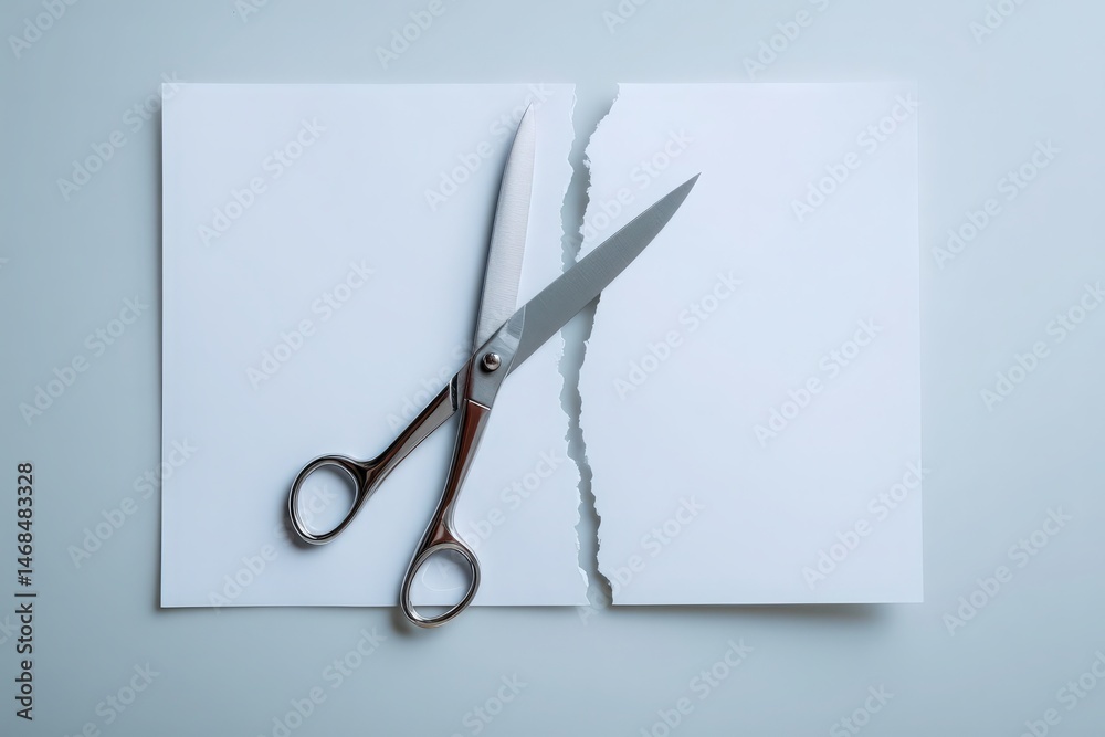 Scissors rest on a partially torn sheet of plain white paper on a clean surface, highlighting the act of cutting. The simple setup creates a focus on creativity and art.