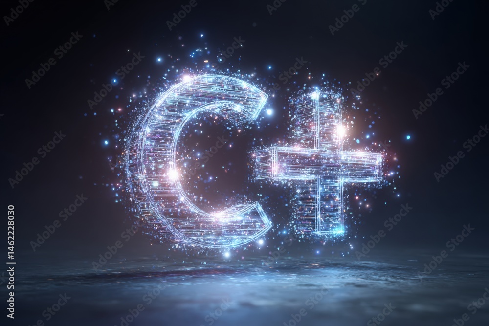 Shimmering particles form the C plus programming symbol in a dark background, creating a futuristic and tech-inspired visual representation of coding and software development.