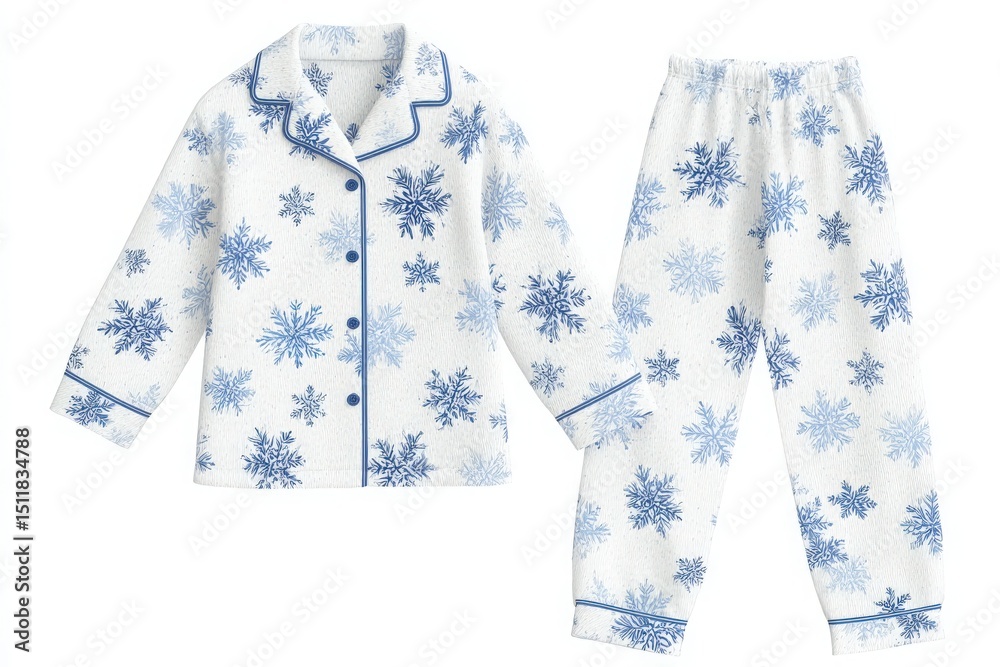 Soft and warm pajamas designed with winter snowflake patterns in blue on a white background. Perfect for staying cozy during chilly nights, these pajamas include a button-up top and matching pants.