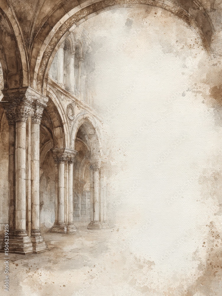 Soft hues showcase an elegant interior of a historic building featuring tall columns and arches. The gentle brush strokes evoke a tranquil atmosphere inviting exploration and reflection.