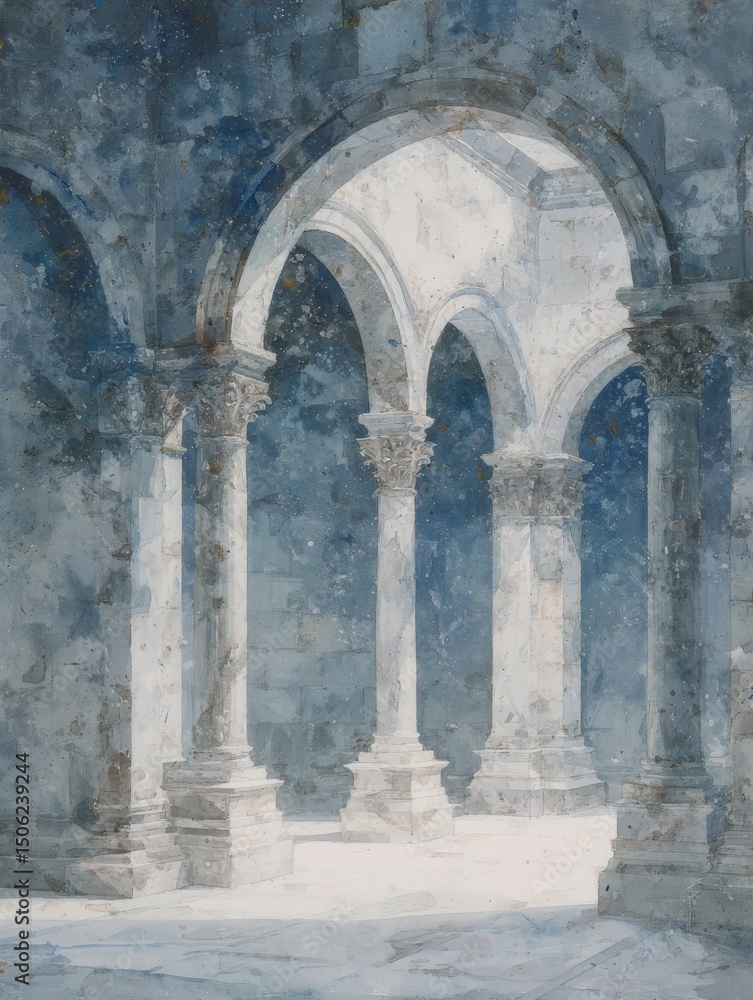 Soft light filters through majestic arches adorned with intricate details, creating a calm ambiance in an ancient architectural setting. The cool tones enhance the tranquil atmosphere.