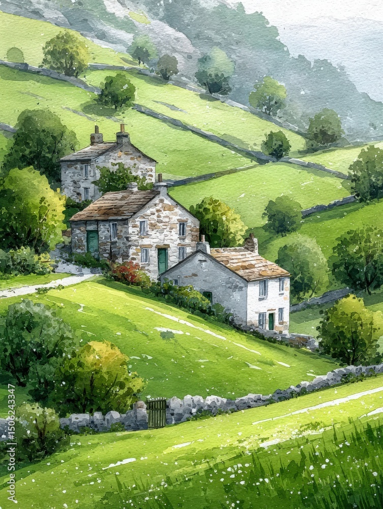 Stone houses nestled in a picturesque countryside, surrounded by verdant hills and trees. Soft morning light illuminates the landscape, creating a serene and tranquil atmosphere in nature.