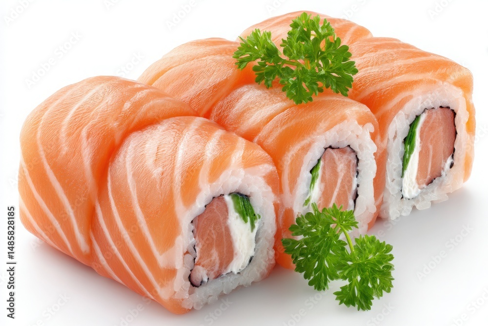 Sushi rolls filled with fresh salmon, cream cheese, and greens are arranged neatly with a garnish of parsley. This vibrant dish exemplifies culinary artistry and freshness.