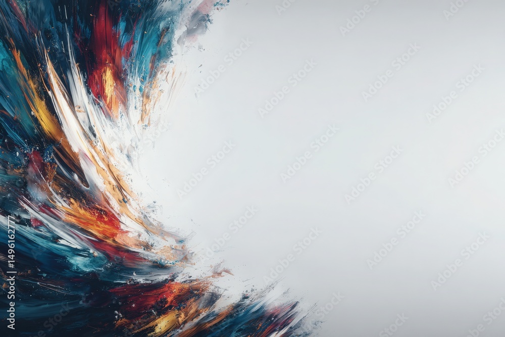 Swirling colors of blue, orange, and white blend seamlessly to create a sense of dynamic movement. The vibrant strokes suggest energy and emotion, drawing the viewer in with their intensity.