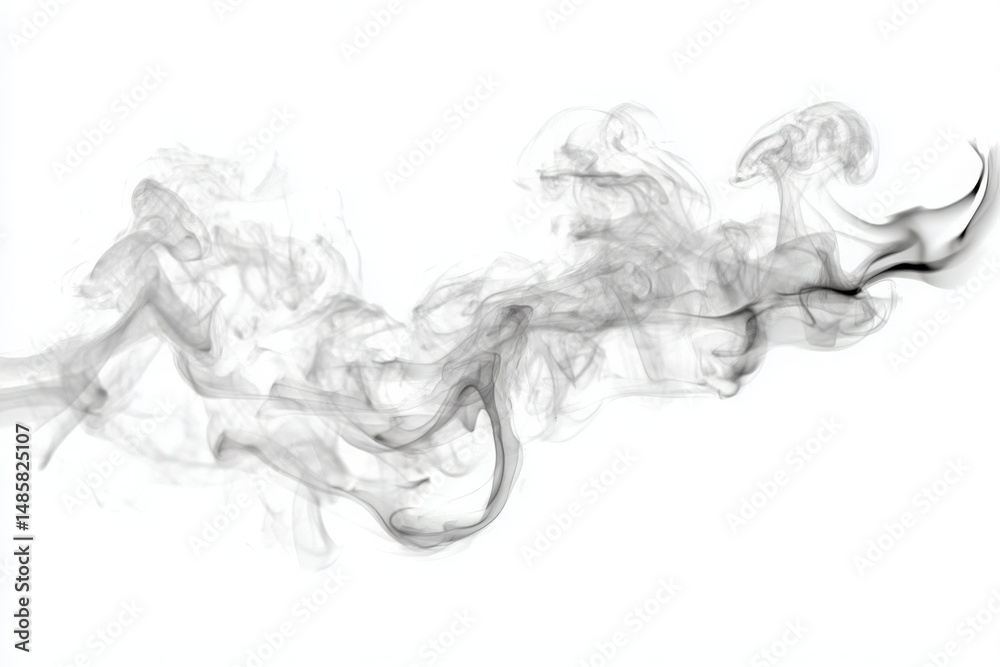 Swirling smoke forms dynamic shapes against a plain white background, showcasing fluid movement and artistry. The ethereal wisps blend seamlessly, offering an abstract visual appeal.