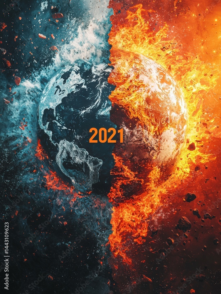 The artwork depicts Earth divided into two contrasting sections one side shows a frozen landscape while the other is engulfed in flames.